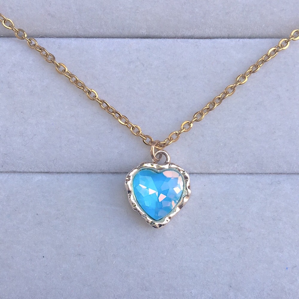 Aquamarine Blue Opal Aurora Borealis + Gold Crystal Heart Drop Necklace